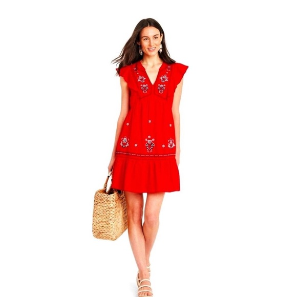 Knox Rose Dresses & Skirts - Knox Rose Red Dress with Blue Embroidery Size Large Lined 💯 Cotton